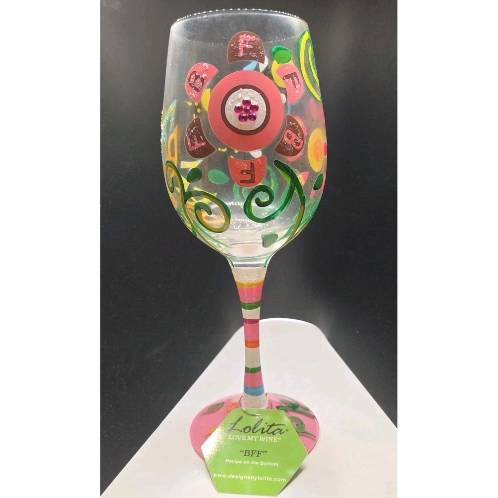 Lolita  BFF  Hand Painted Wine Glass BFF Friends Forever EUC Appears Unused